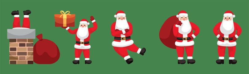 Set of Santa Claus on green background
