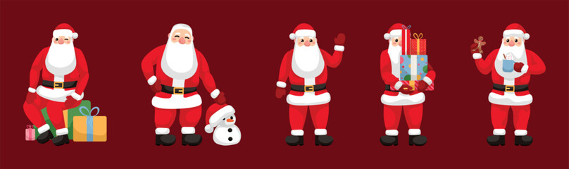 Set of Santa Claus on red background