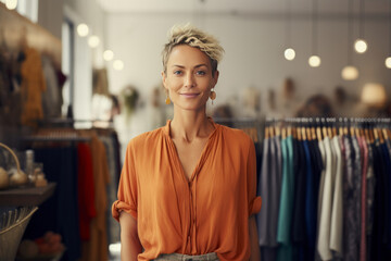 Portrait of beautiful young woman in a women's clothing and accessories store. Owner or manager with elegant short hairstyle greets customers. Successful small business in beauty and fashion industry. - obrazy, fototapety, plakaty