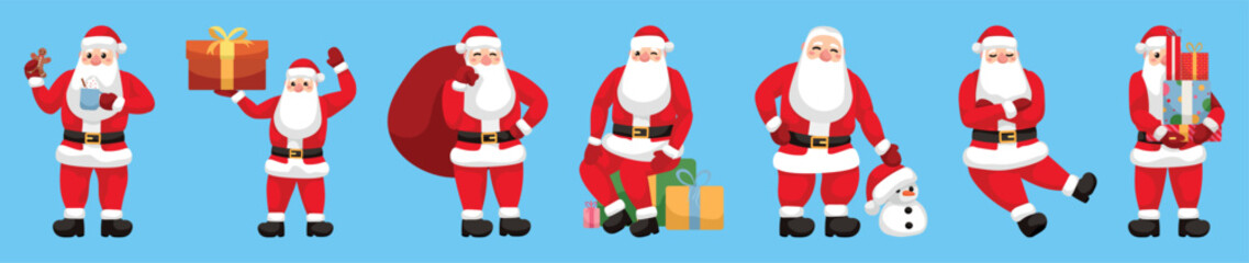 Set of Santa Claus on blue background