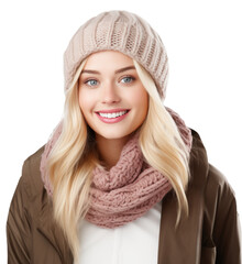 portrait of a beautiful smiling blond woman wearing a cozy winter hat and a scarf isolated on white background