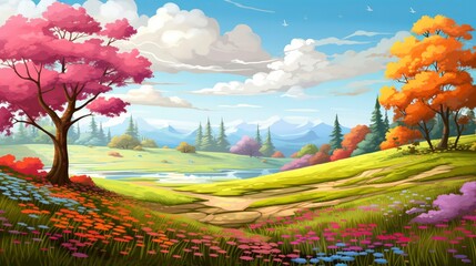 Spring season with colorful flowers and trees in a pretty meadow or field.