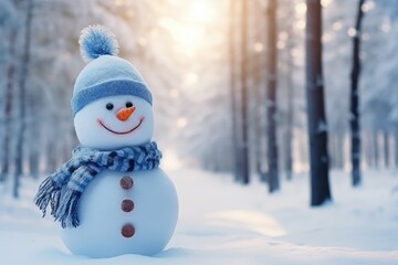 Bright illustration Winter card for Christmas. Funny snowman in a hat and scarf against the background of a snow-covered Christmas tree. Winter cold landscape.