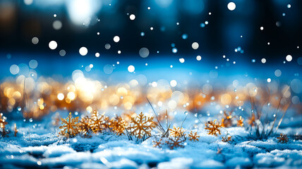 Fototapeta na wymiar Bright decorations and gifts of different shapes and colors are scattered on the snow on bokeh background. Generative AI technology