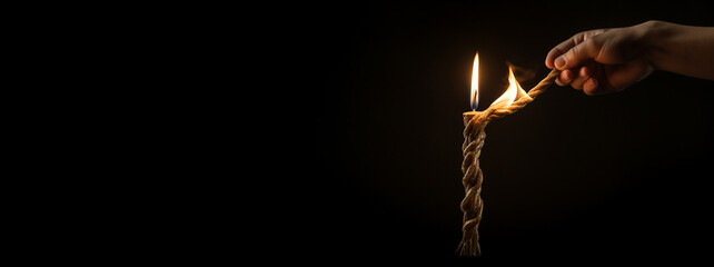 Candle burning on a rope held by a hand