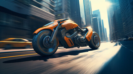 Futuristic motorcycle through the streets of the city