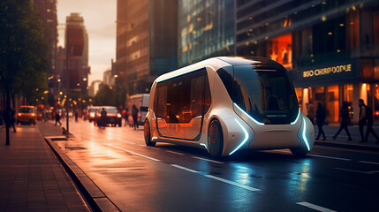 Futuristic electric bus through the streets of the city - obrazy, fototapety, plakaty