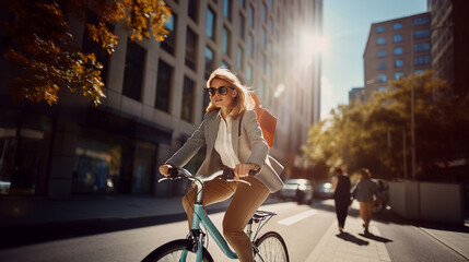 Young woman riding a bicycle to work in a sunny day - obrazy, fototapety, plakaty