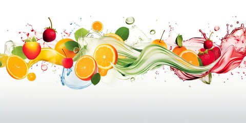 Swirl water splash with fruits. liquid flow with ice cubes and a mix of fresh fruits.