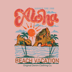 Aloha beach vacation vintage retro T-shirt prints, vintage-inspired graphics tee,  - obrazy, fototapety, plakaty