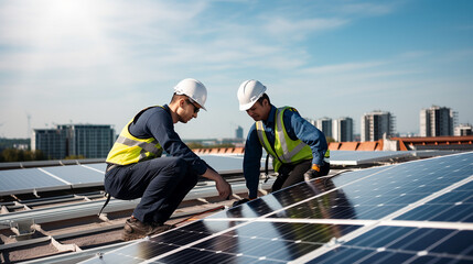 Two workers installing solar panels on a city roof