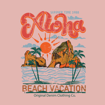 Aloha beach vacation vintage retro T-shirt prints, vintage-inspired graphics tee, 