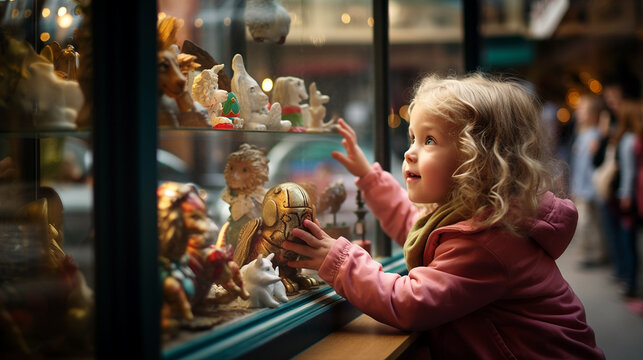 Little girl looking surprised through the window of a toy store