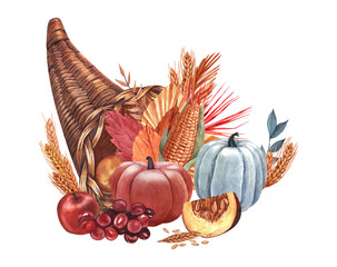 Watercolor cornucopia (horn of plenty) with pumpkin and vegetable. Hand-drawn illustration isolated on white background. Perfect for menu cafe, template food, cooking, packing food, card thanksgiving