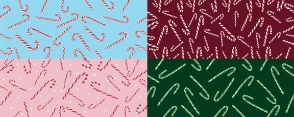 Many candy canes on color background. Patterns for design