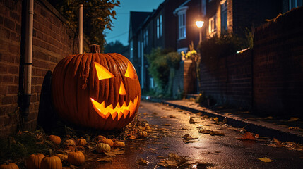 Big Halloween pumpkin in an alleyway