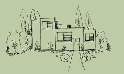 Architecture sketch of building,  hand drawn architectectural sketch