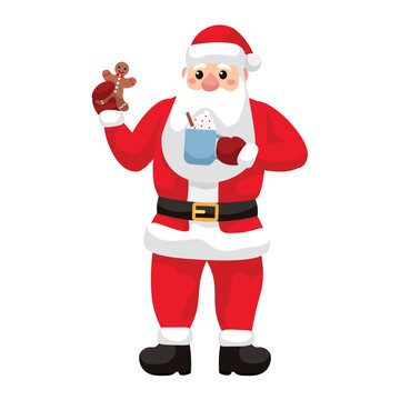 Santa Claus with hot chocolate and gingerbread cookie on white background