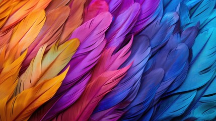 Multi colored feathers. Closeup rainbow feather. Background texture, abstract