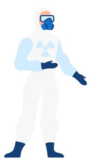 Man in protective lab suit with hazard sign. Scientist equipment