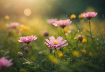 Beautiful blurred close up at meadow flower nature with blooming glade
