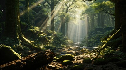 Sun beams streaming forest canopy gaps moss covered logs. - obrazy, fototapety, plakaty