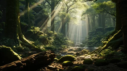 Fotobehang Sun beams streaming forest canopy gaps moss covered logs. © Kanisorn