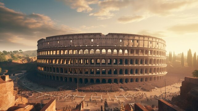Roman coliseum in ruins, sunny day, sky