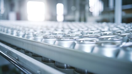 Thousands of beverage aluminum cans on conveyor line at factory.