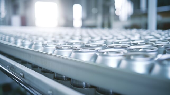 Thousands Of Beverage Aluminum Cans On Conveyor Line At Factory.