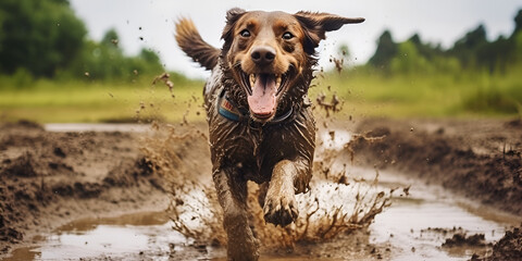 Gundogs ,Dog Swimming ,Labrador pup, fur muddy, leaps joyously into a puddle, water splashing in all directions ,Closeup of dog shaking water droplets in air created with generative ai
 - obrazy, fototapety, plakaty