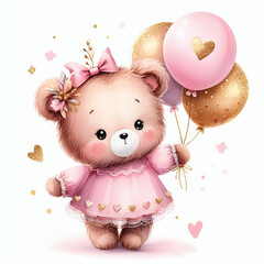 cute girly teddy bear with balloons watercolor - obrazy, fototapety, plakaty