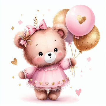 cute girly teddy bear with balloons watercolor