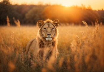 A lion On abstract autumn field landscape at sunset with soft focus. dry ears of grass in the meadow