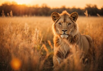 A lion On abstract autumn field landscape at sunset with soft focus. dry ears of grass in the meadow