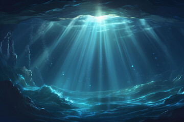 Deep sea water abyss with blue sun light
