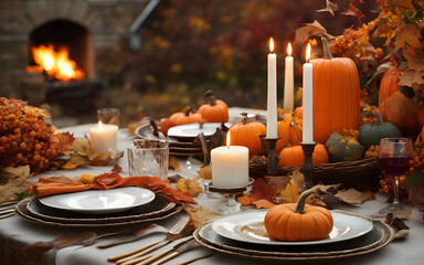 Obraz na płótnie Canvas Thanksgiving table setting outdoors with pumpkins and candles