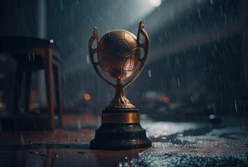 trophy cup on wooden table - obrazy, fototapety, plakaty