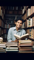 Hindu student studying in the library surrounded by books.