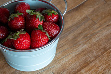 Fresh organic strawberries just picked from the garden in within a beautiful vintage pastel light blue font.
