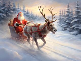 Santa Claus riding a sleigh pulled by reindeer through a snowy forest. A magical Christmas escape. generative Ai - obrazy, fototapety, plakaty