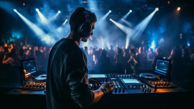 Charismatic disc jockey at the turntable, nightclub during party. EDM Techno House concept.