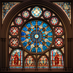 Interior of a cathedral with stained glass windows. 3d render