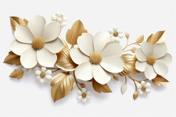 3d gold flowers white backgroung. - obrazy, fototapety, plakaty