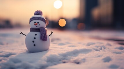 Little snowman girl in a pink knitted hat and a scarf on snow in the winter. Festive background with a lovely snowman. Christmas card, copy space