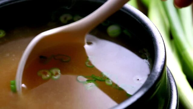 4K Video: Close-Up of Miso Soup in Iron Pan