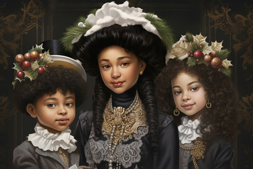 With timeless elegance, an artistic image presents three young siblings in vintage Victorian style. This nostalgic tribute to the past captures the traditional allure of the holiday season.