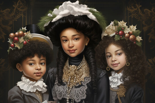 With timeless elegance, an artistic image presents three young siblings in vintage Victorian style. This nostalgic tribute to the past captures the traditional allure of the holiday season.