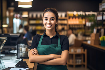 Smiling, young and attractive saleswoman, cashier serving customers. generativ.