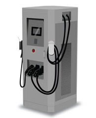 Electric car charging station realistic icon set illustration. Isolated vector of EV charger for vehicle. Battery, plug and cable for electromobile recharge. Charge point for automobile. Green energy